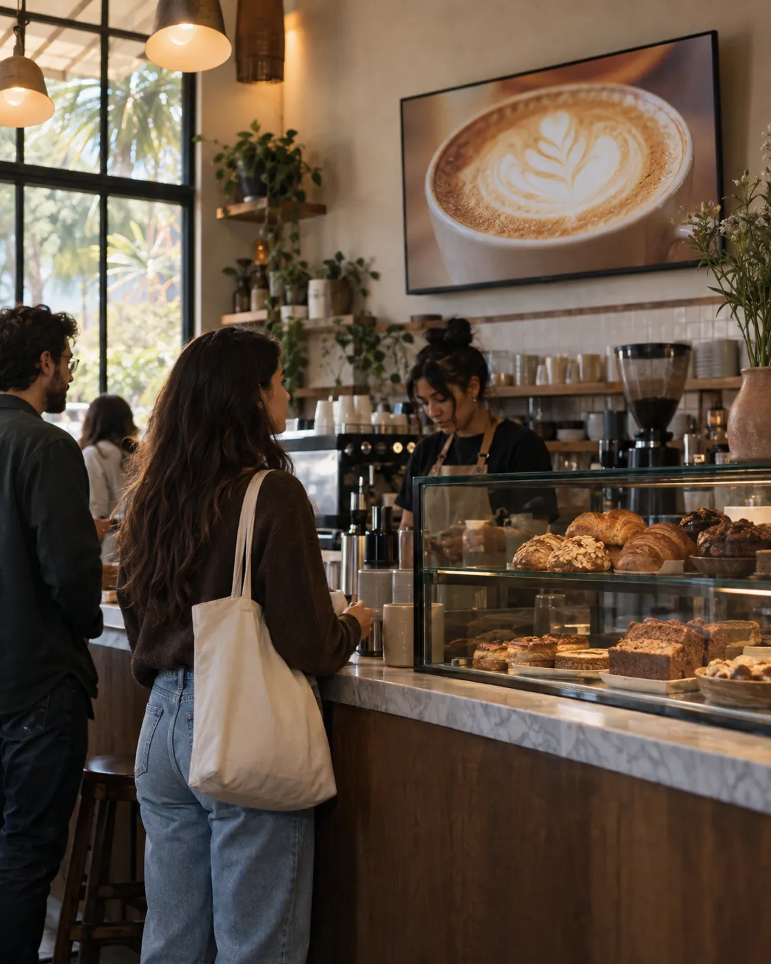 A café with a screen above the pastry case
