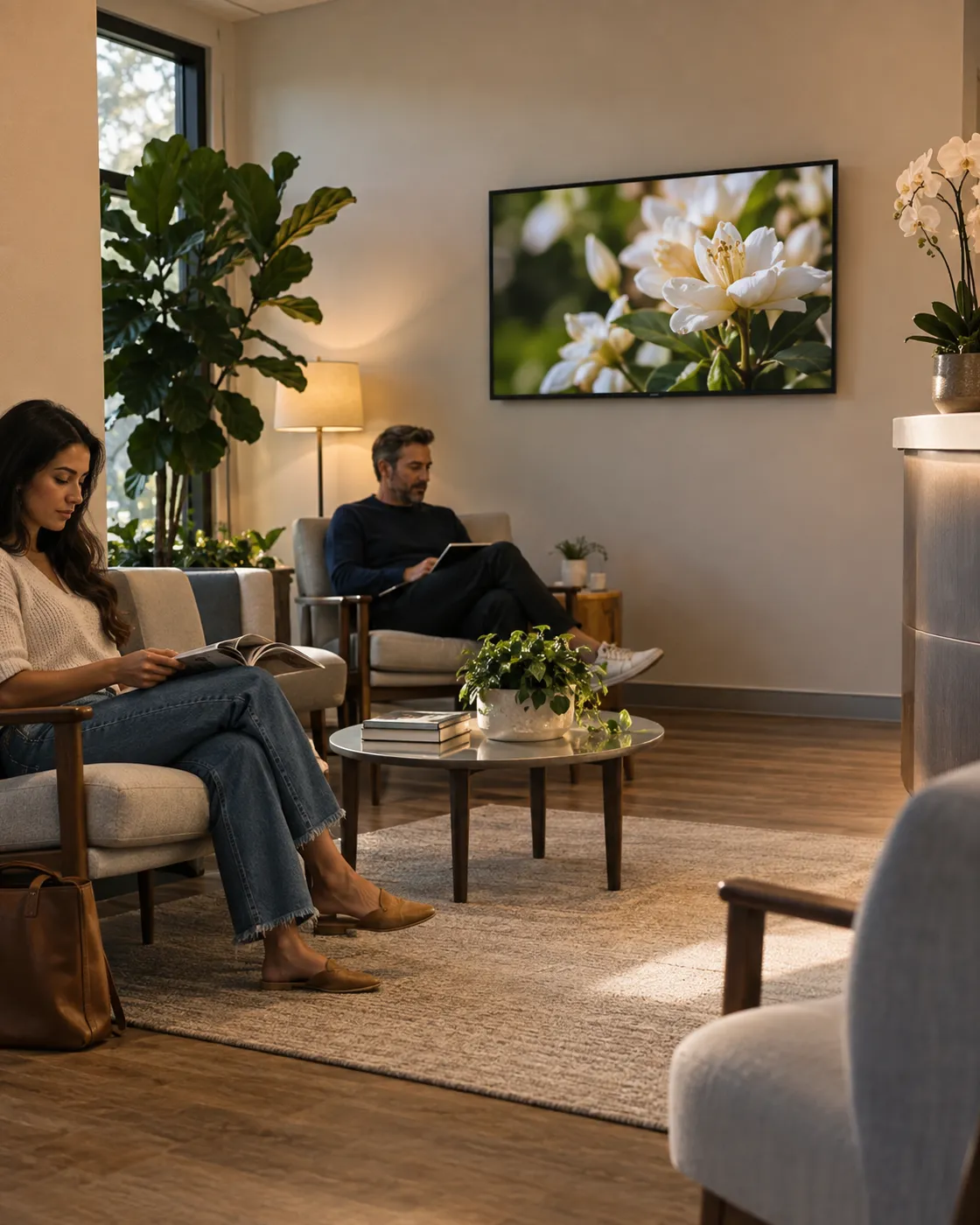 A calm clinic waiting room with a wall screen