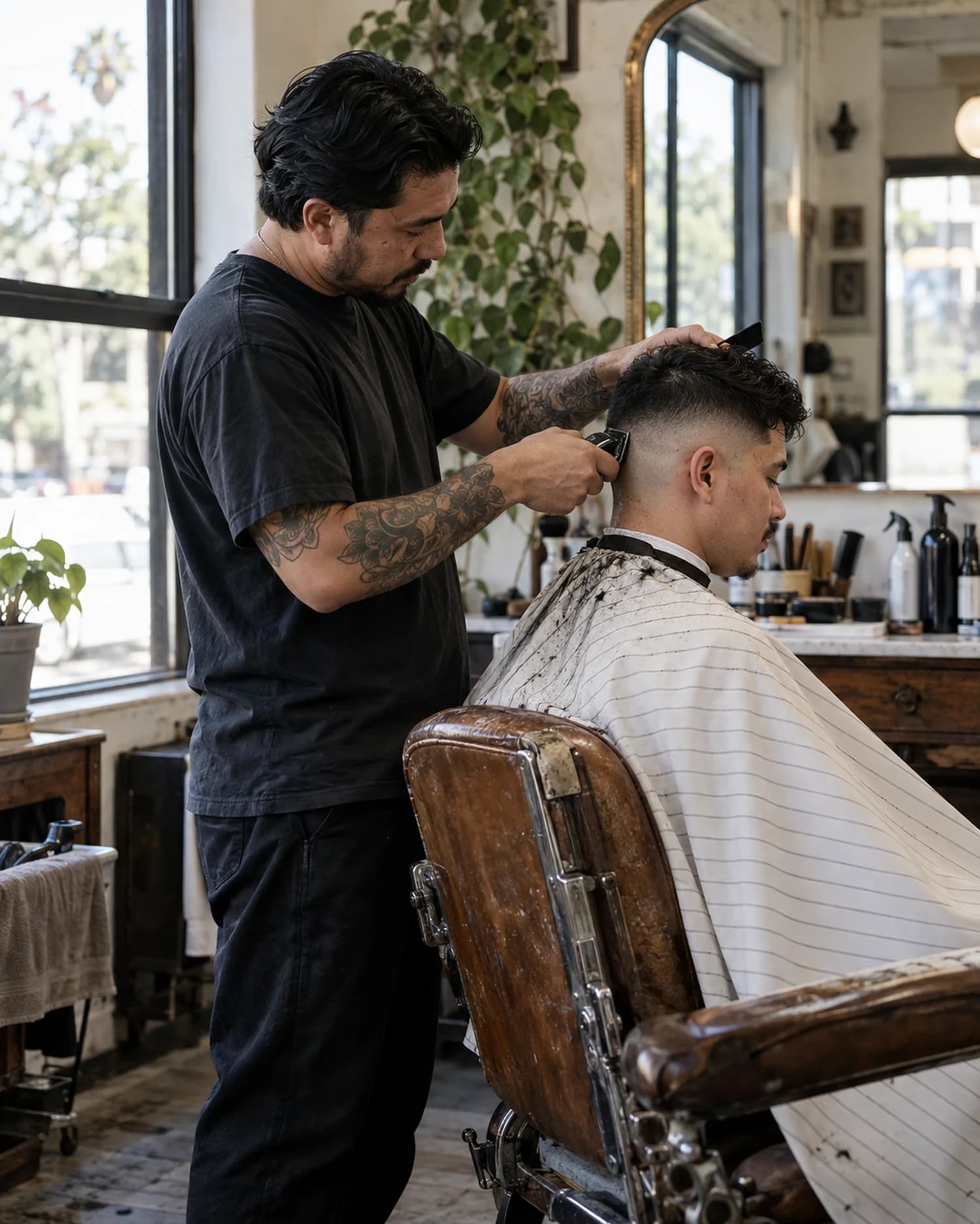 A barber gives a client a fade in a small barbershop