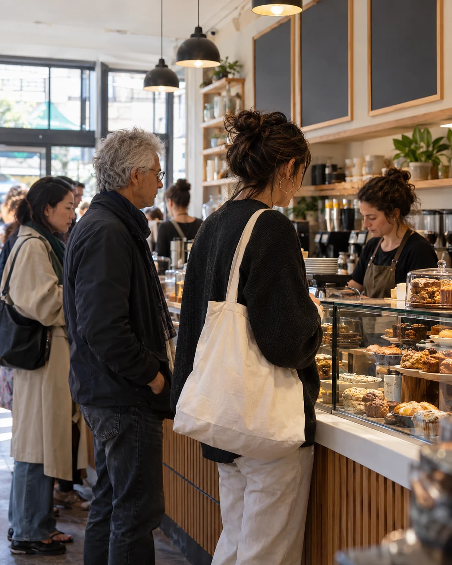 Customers lined up at a busy café counter