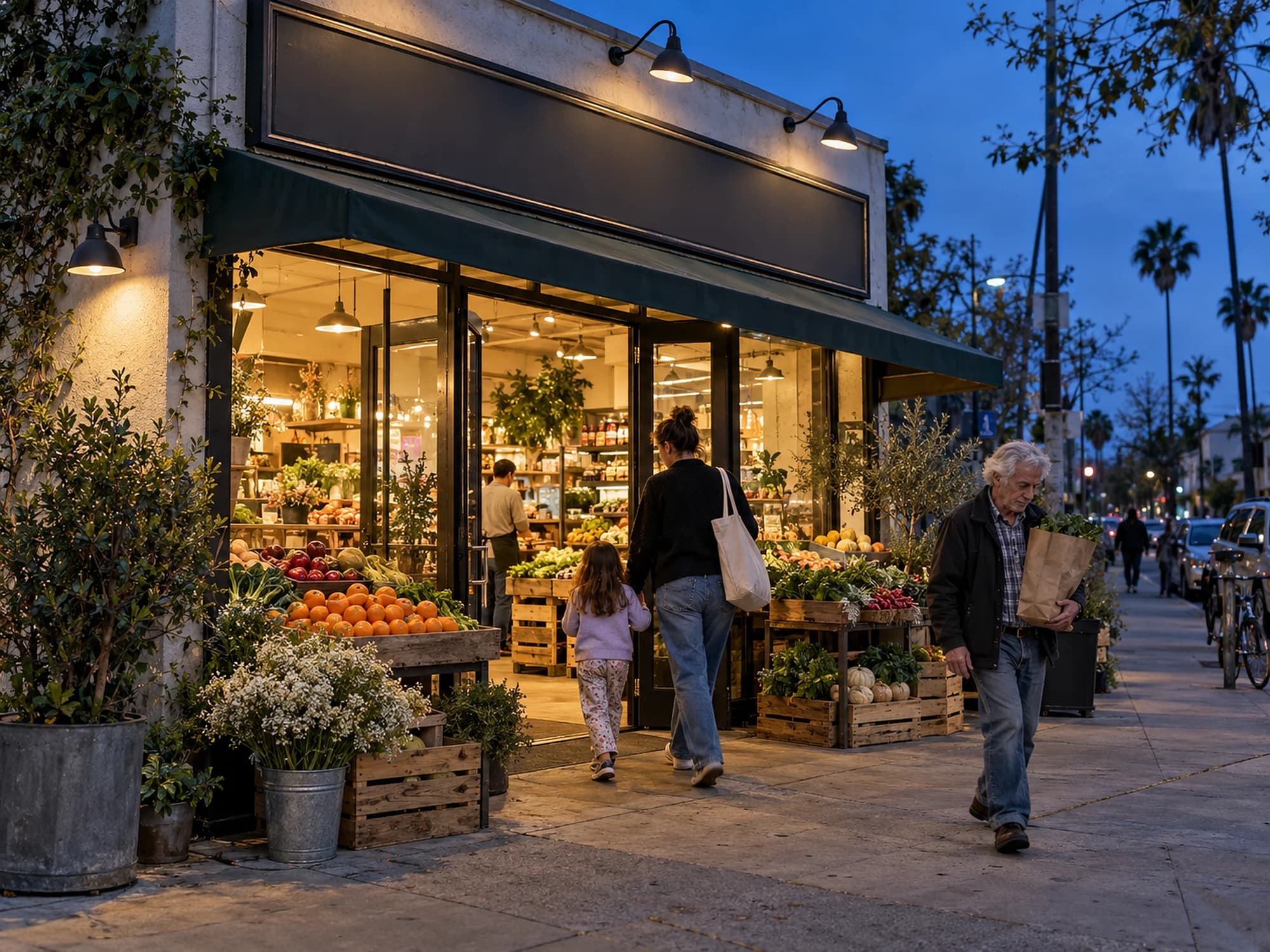 A neighborhood market at dusk with produce crates out front and shoppers walking in