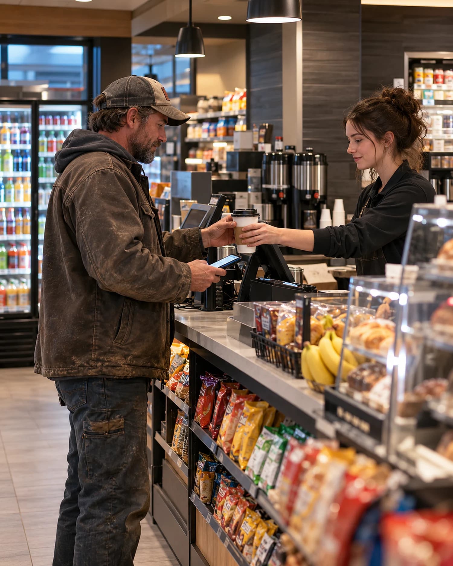 A customer pays at the counter inside a neighborhood gas-station store as the cashier hands him a coffee
