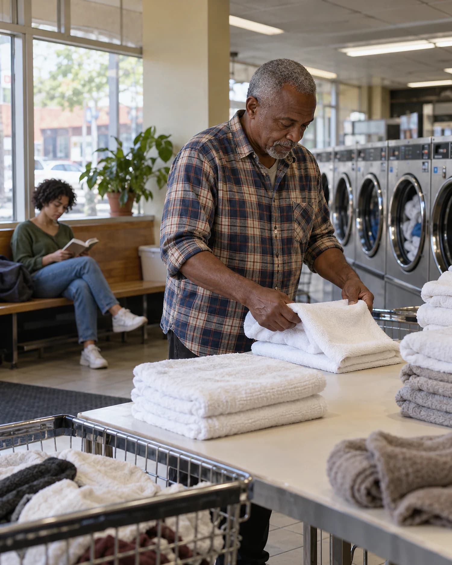 A man folds towels in a neighborhood laundromat while a woman reads on a bench