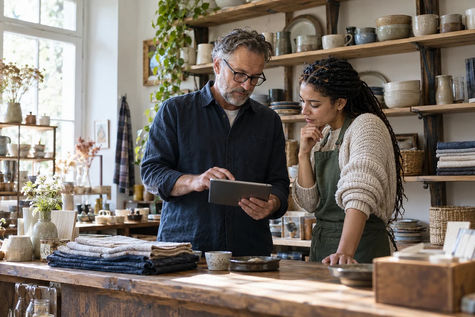 A shop owner and his employee go through something on a tablet at the counter