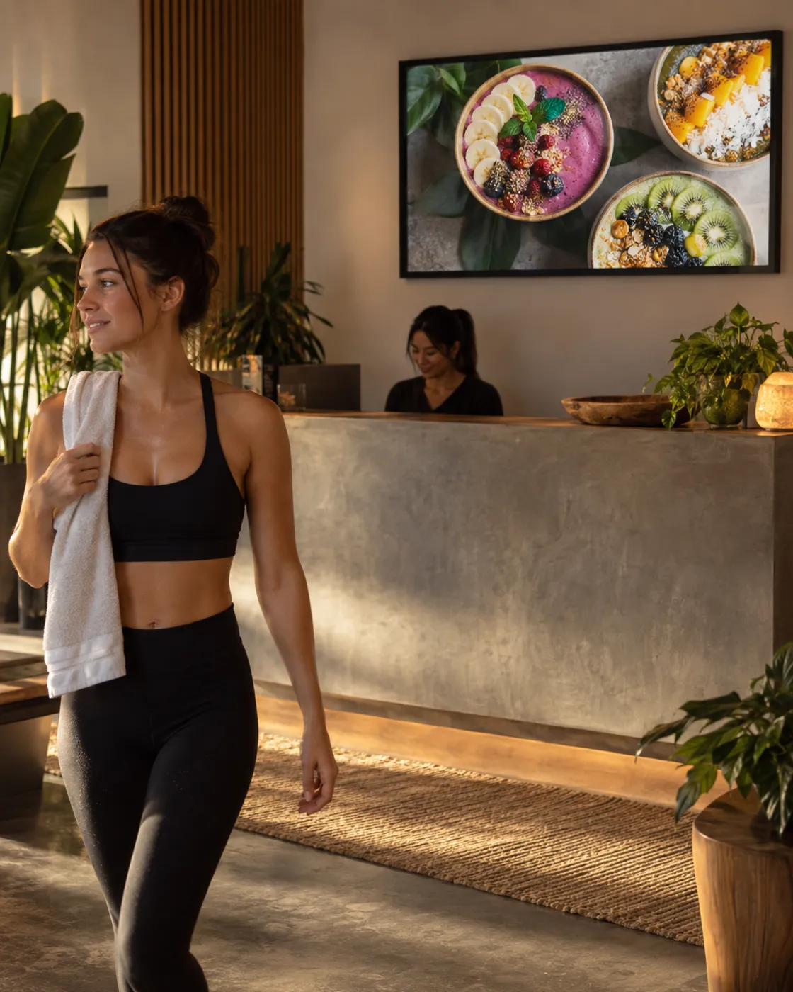 A fitness studio reception with a wall screen