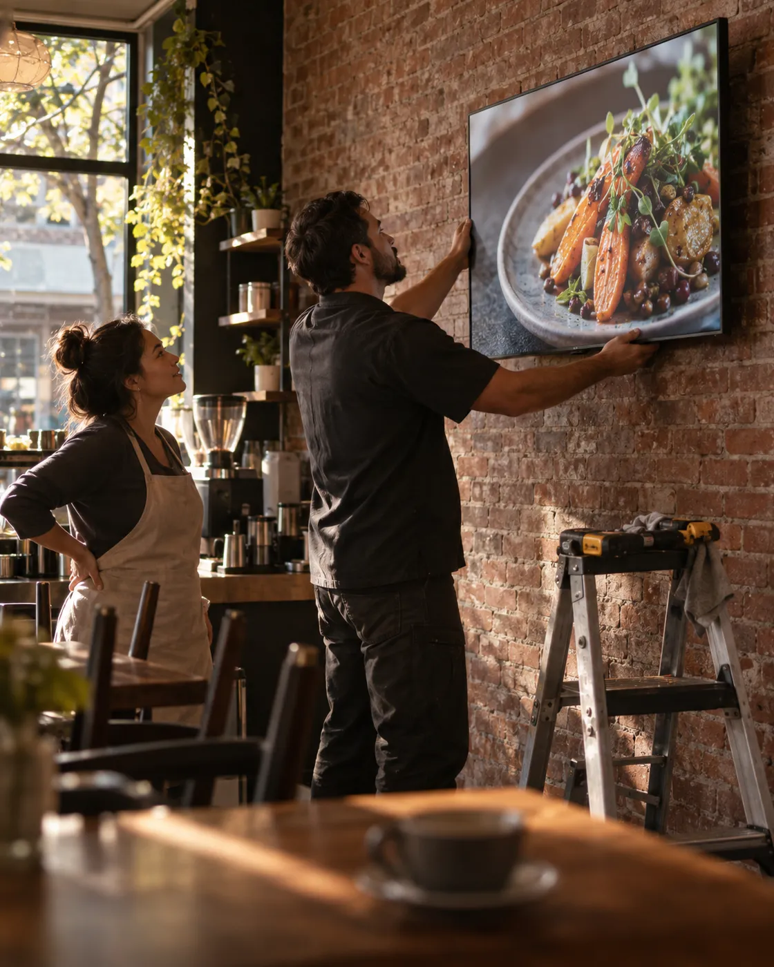 A technician mounts a screen on a café wall