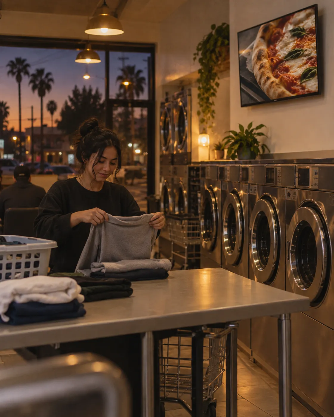 A neighborhood laundromat with a wall screen