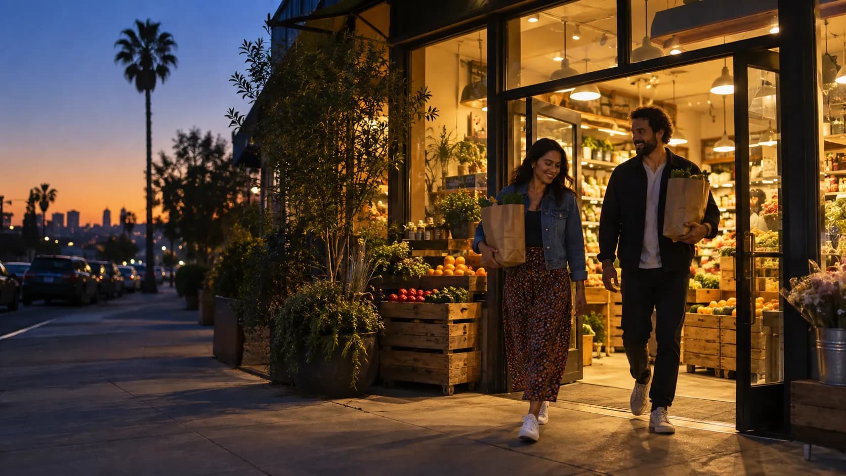 A neighborhood grocery store at dusk with warm light spilling onto the sidewalk