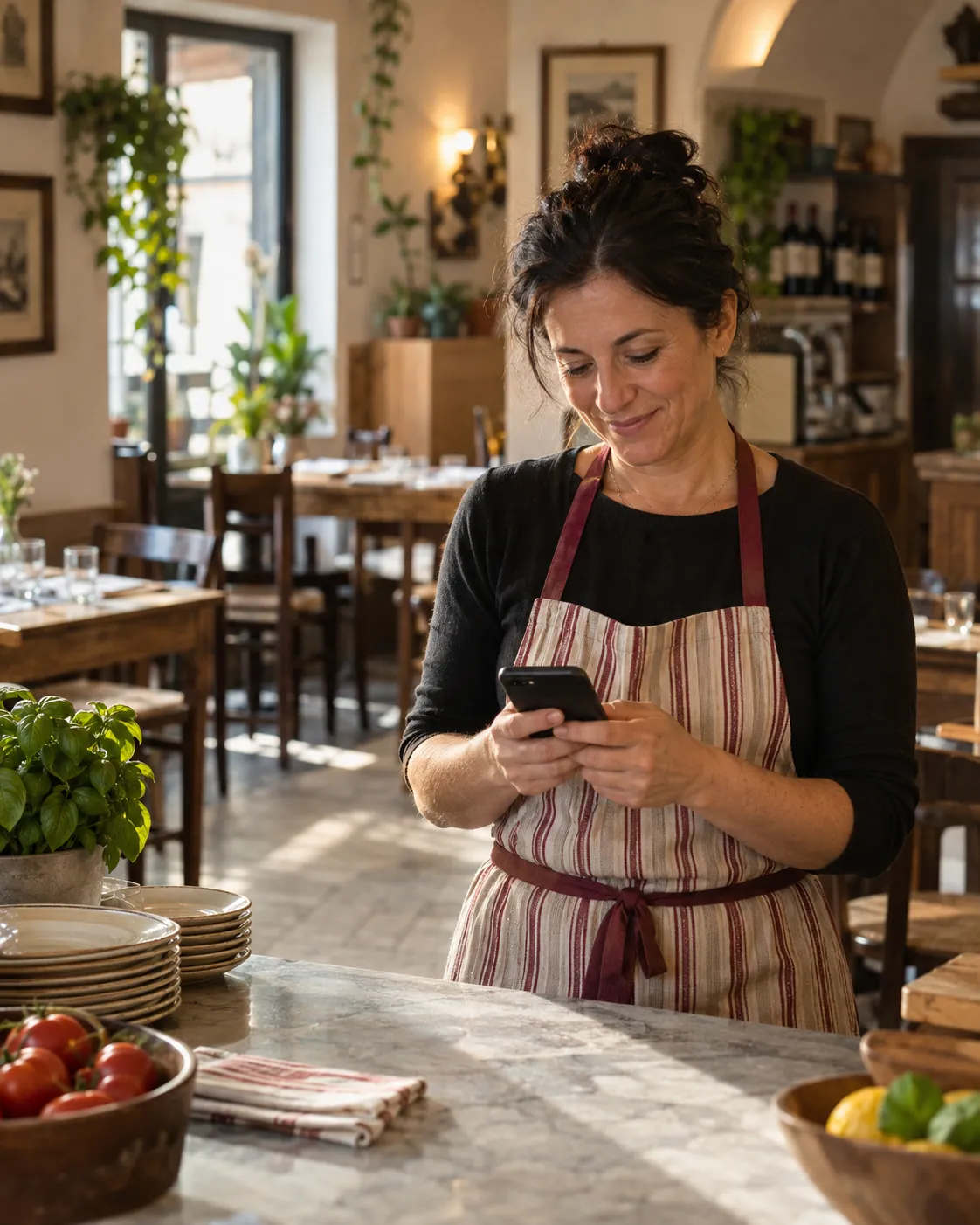 A restaurant owner checks her phone before opening